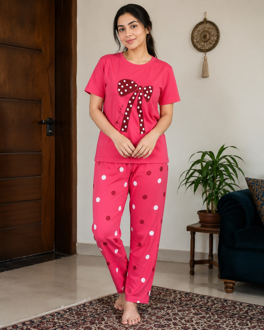Pink Bow Dot Printed Women Pj Set