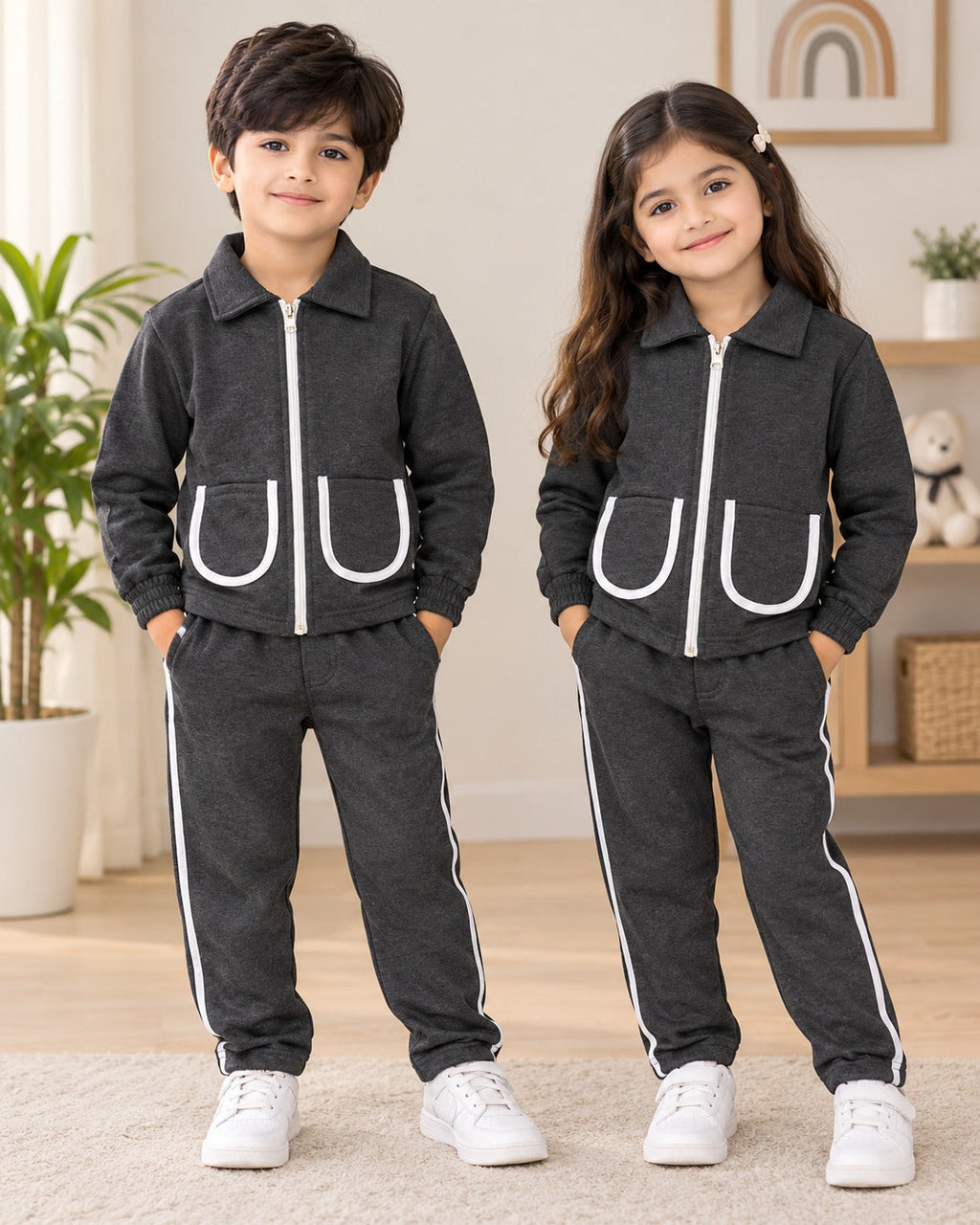 CHARCOAL POCKET STRIPE WINTER KIDS SWEAT SUIT