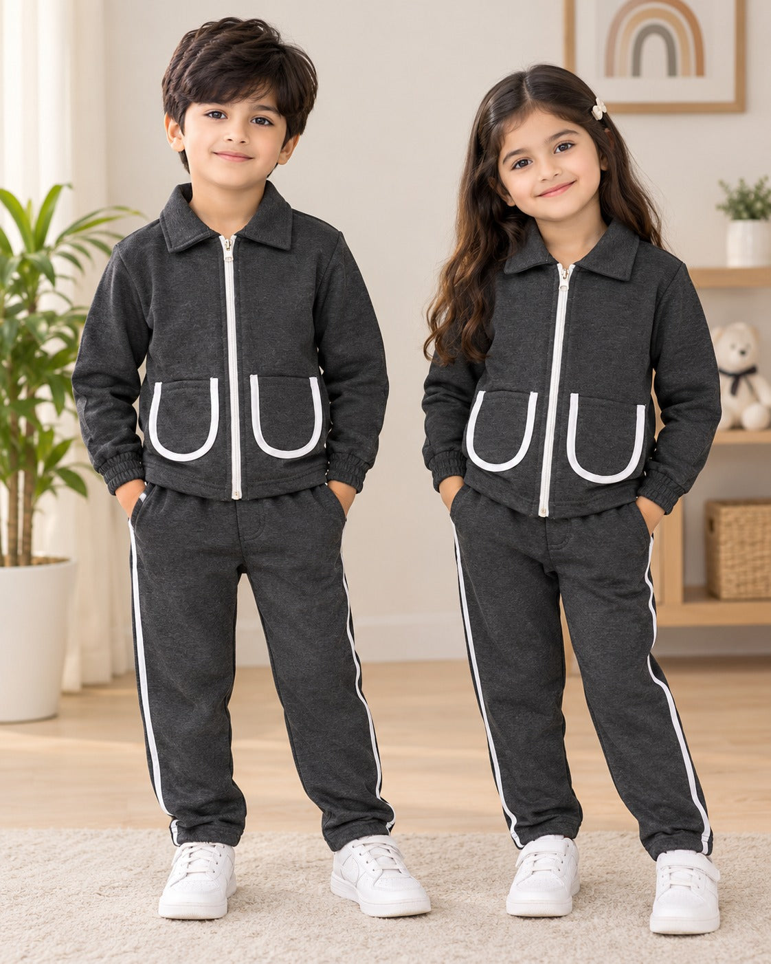 CHARCOAL POCKET STRIPE WINTER KIDS SWEAT SUIT