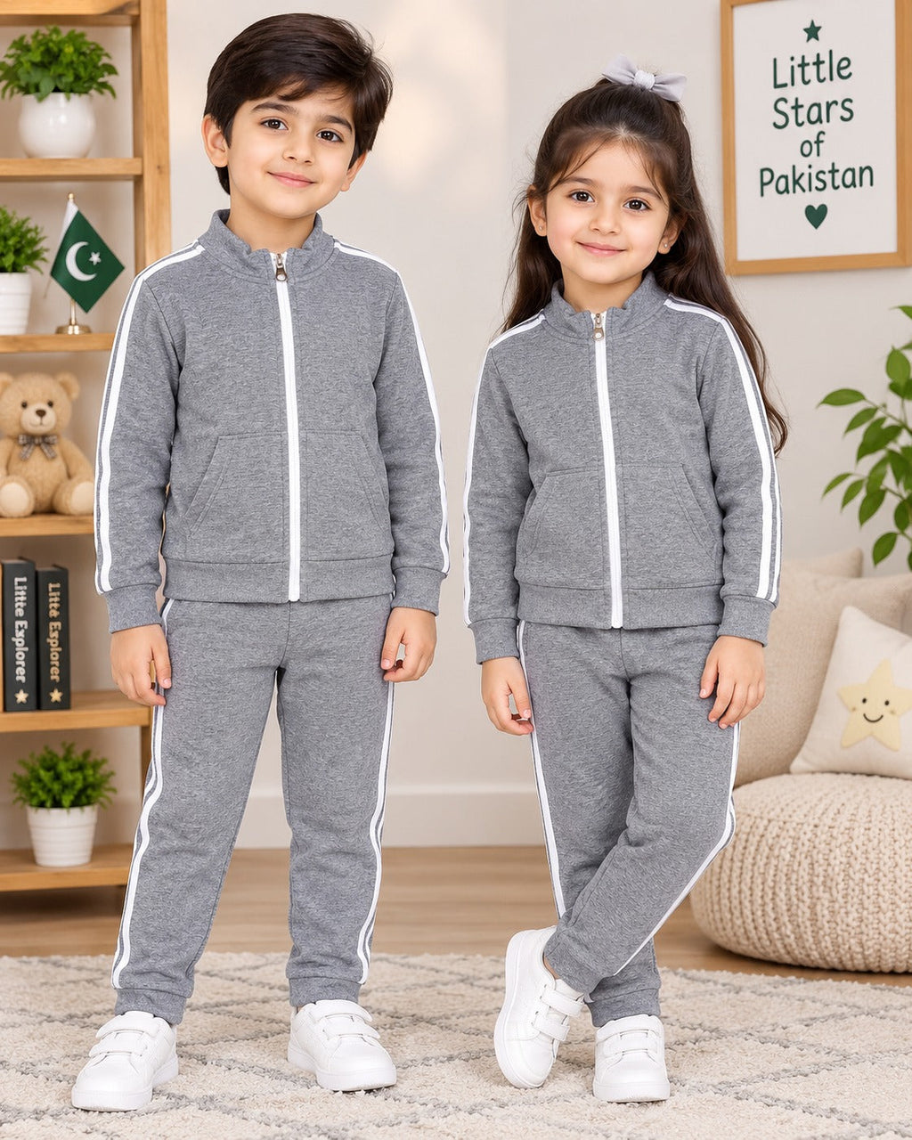 GREY SIDE STRIPE WINTER KIDS SWEAT SUIT