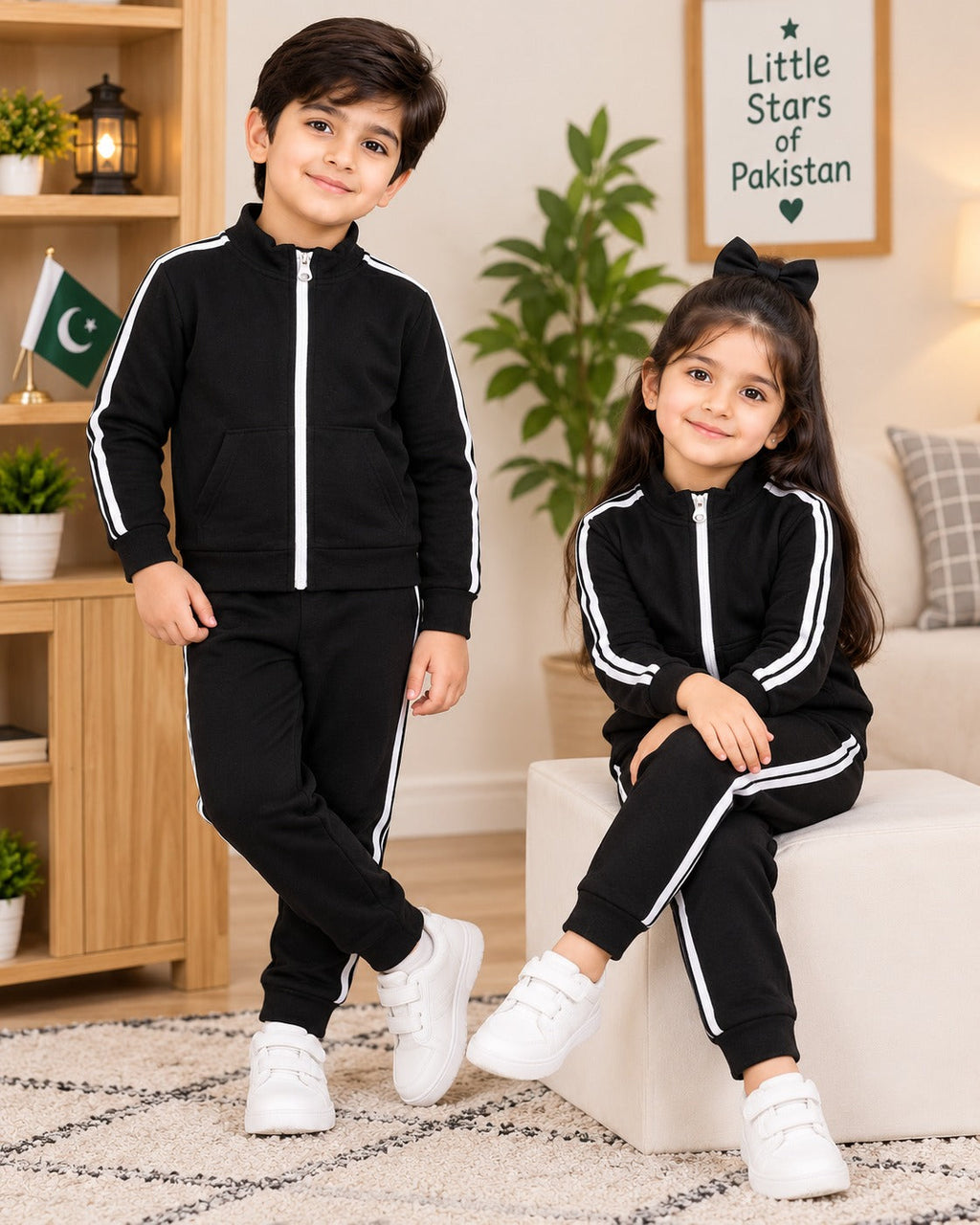 BLACK SIDE STRIPE WINTER KIDS SWEAT SUIT
