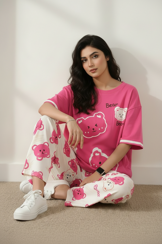 New Pink Bear Printed Women Pj Set