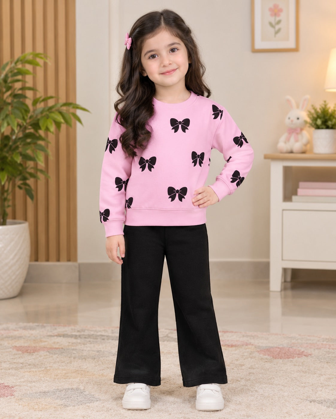 PINK & BLACK BOW PRINTED WINTER KIDS SWEAT SUIT
