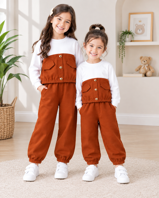Rust & White Pocket Style Kids Wear
